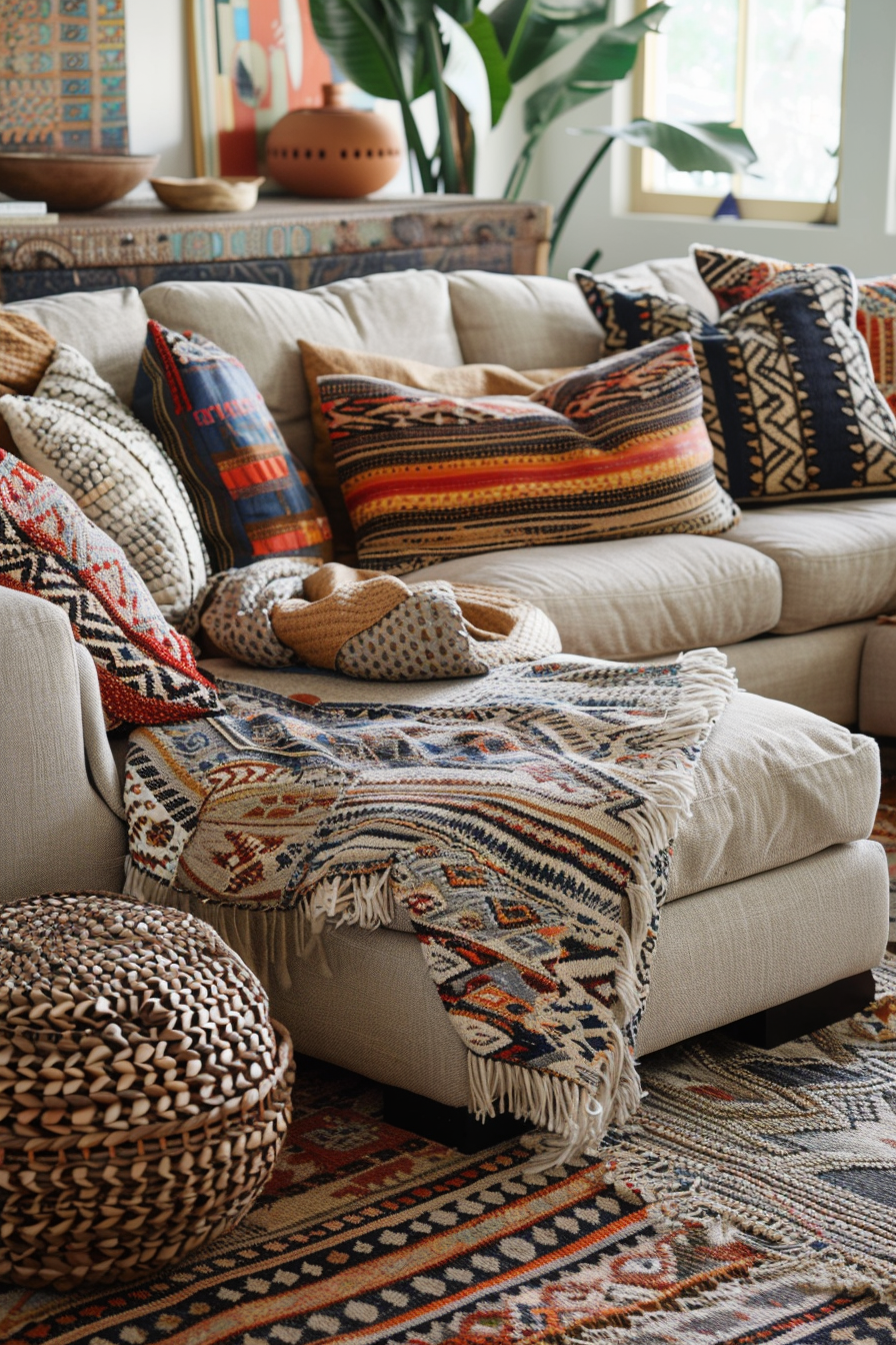 Layered textiles with vibrant colors and patterns