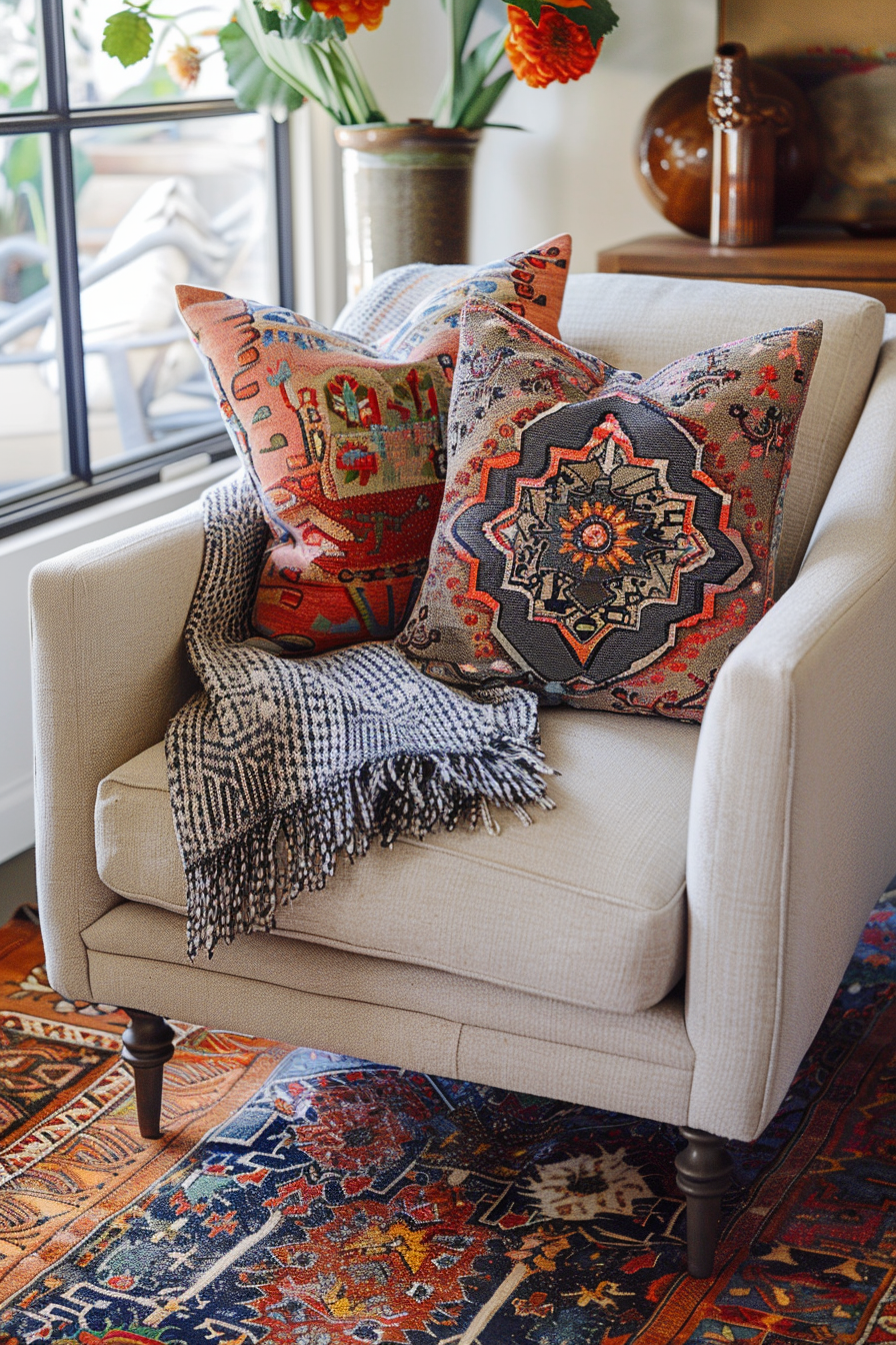 Layered textiles with vibrant colors and patterns