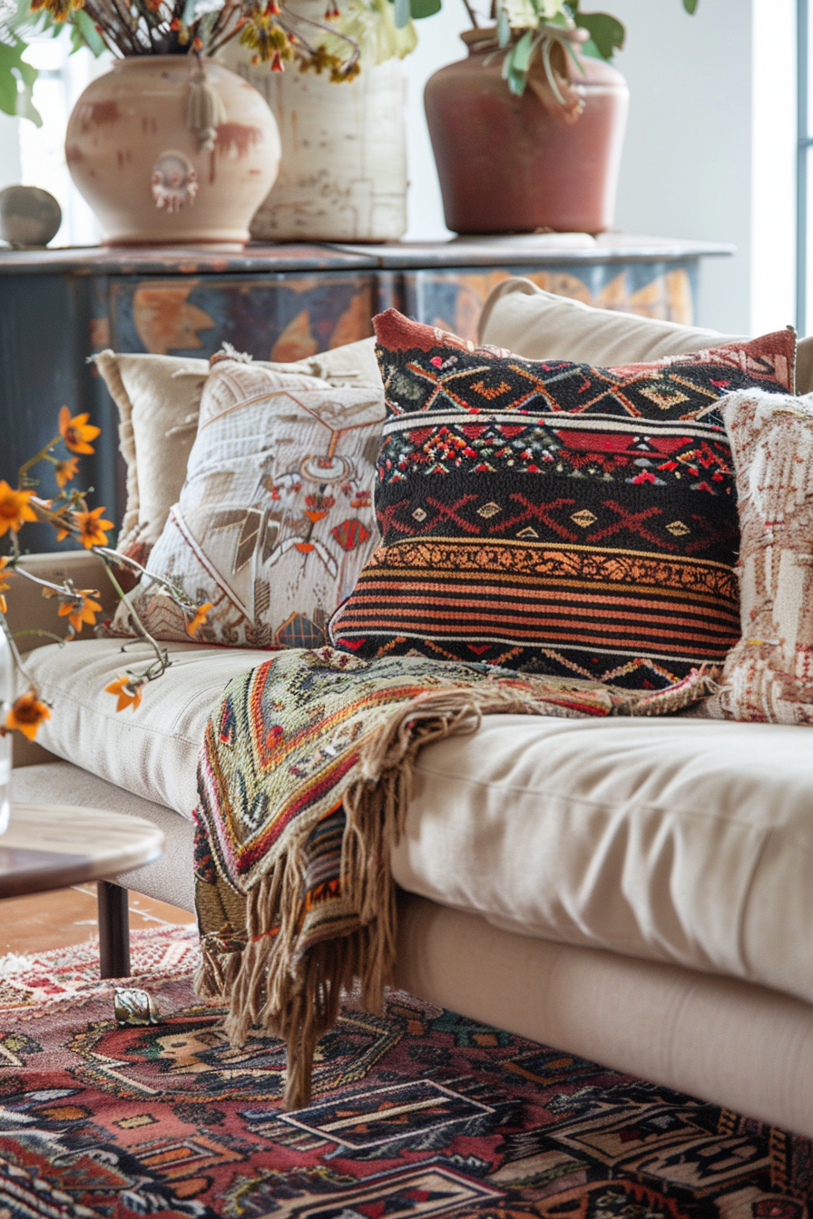 Layered textiles with vibrant colors and patterns