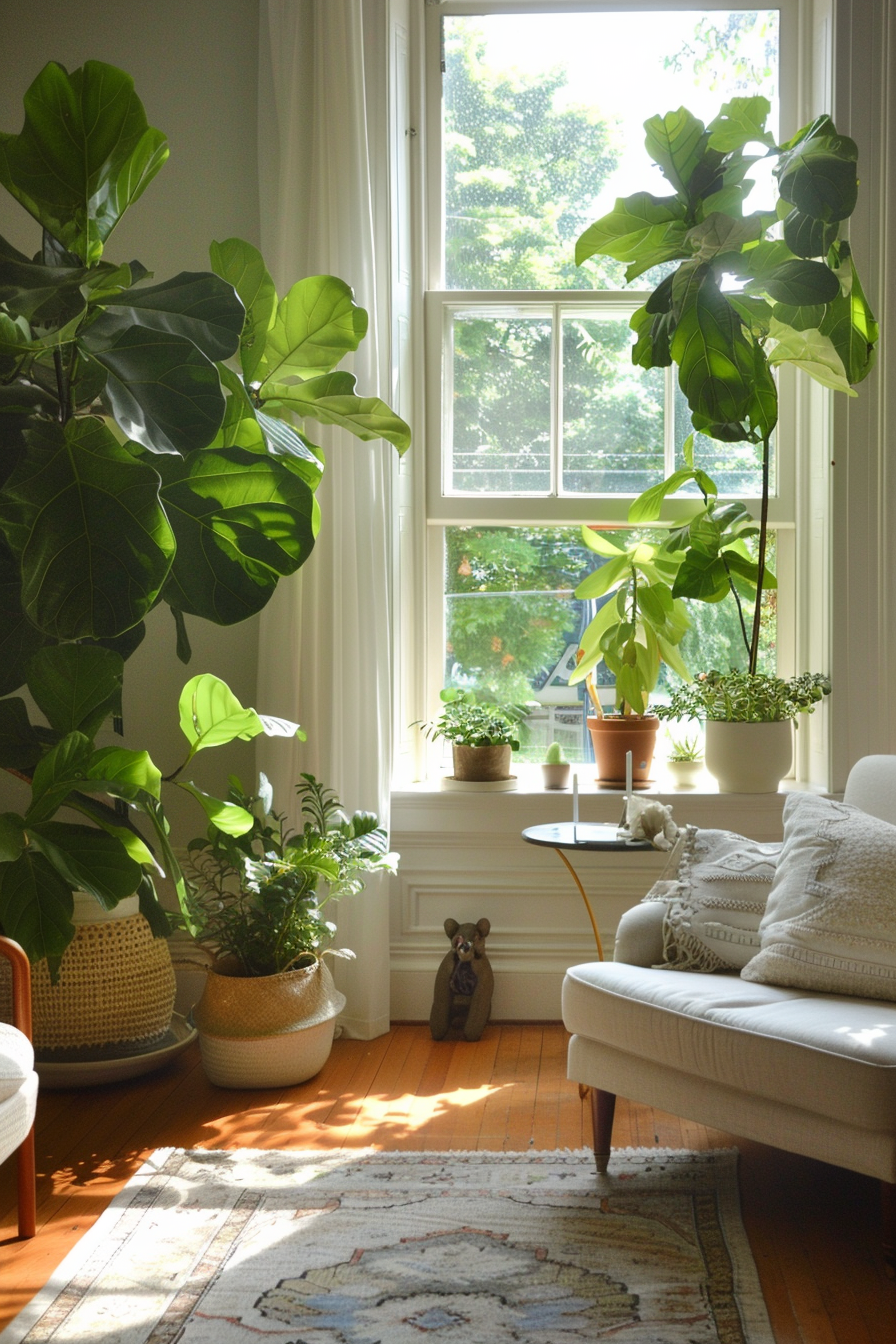 Natural elements like large potted plants and succulents