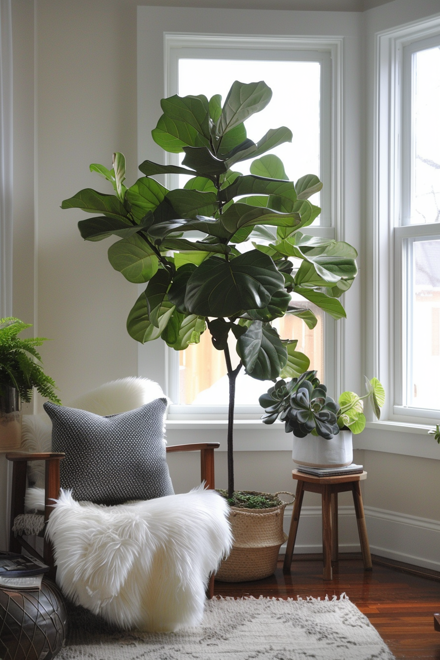 Natural elements like large potted plants and succulents