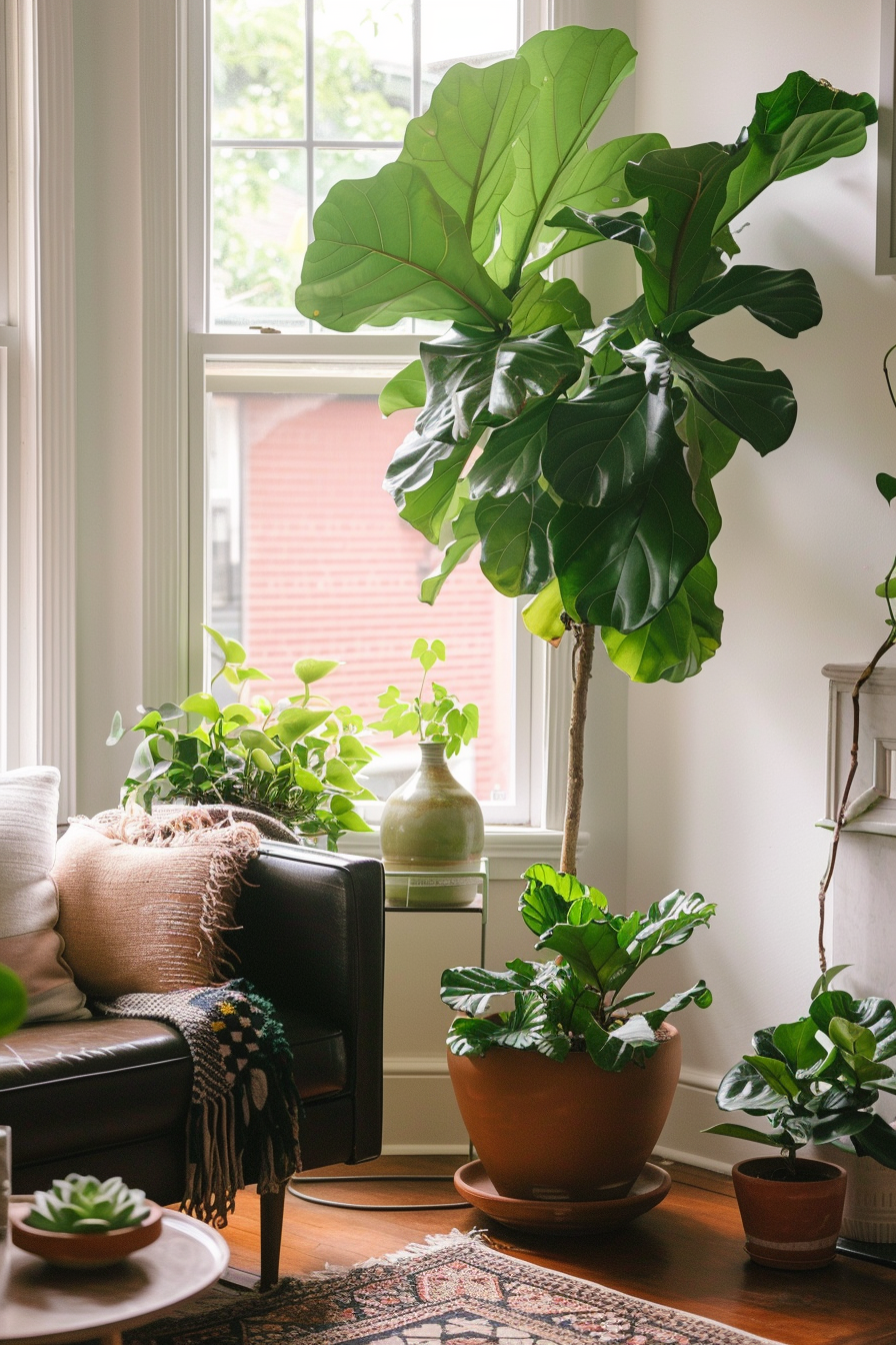 Natural elements like large potted plants and succulents