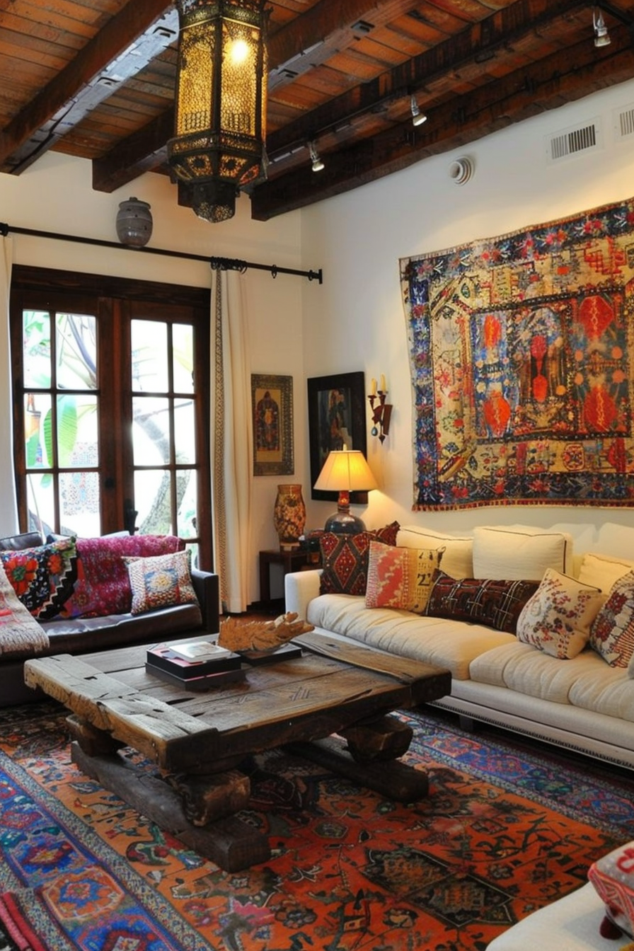 Cultural accents like Moroccan lanterns and Indian tapestries