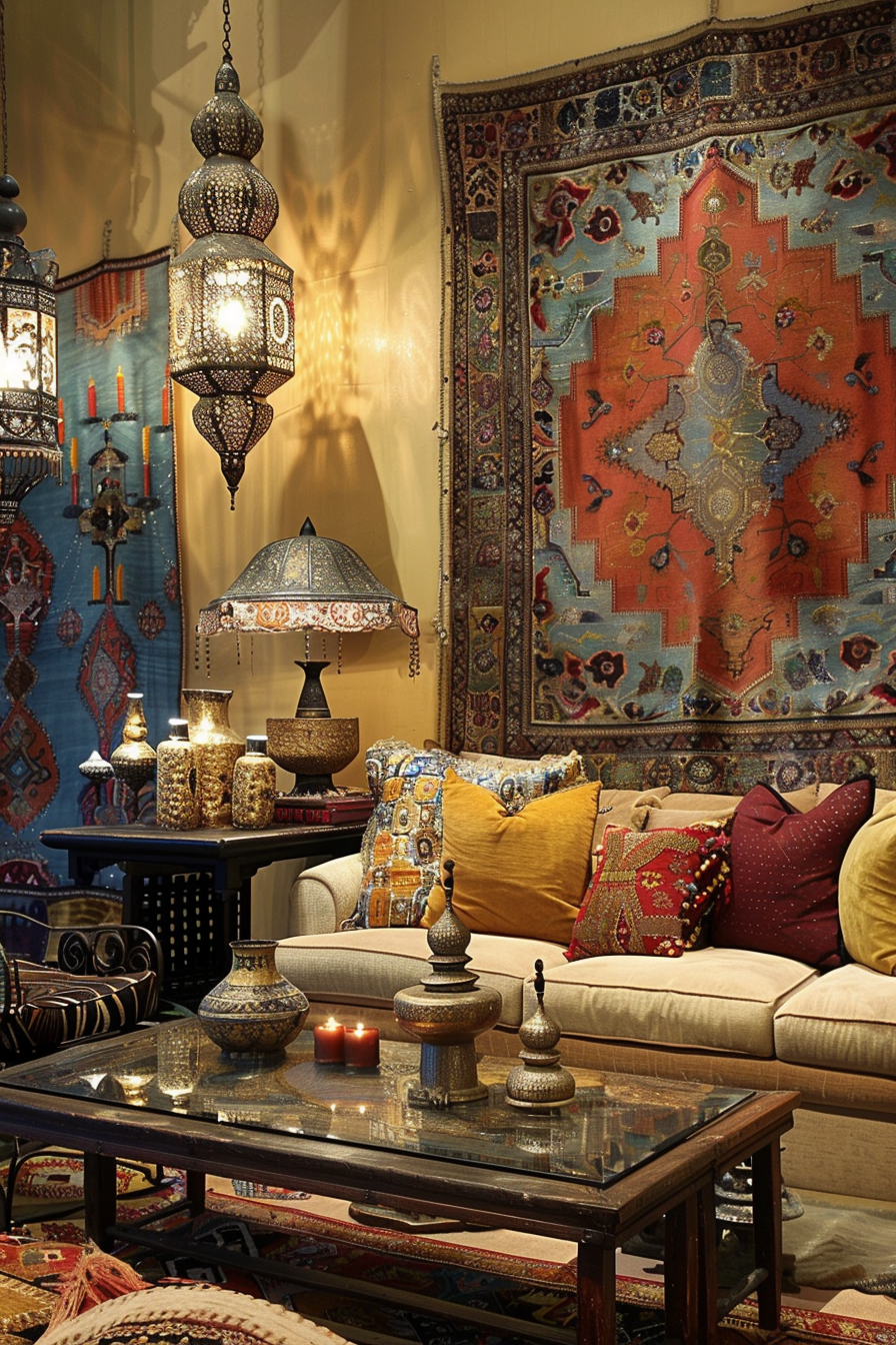 Cultural accents like Moroccan lanterns and Indian tapestries