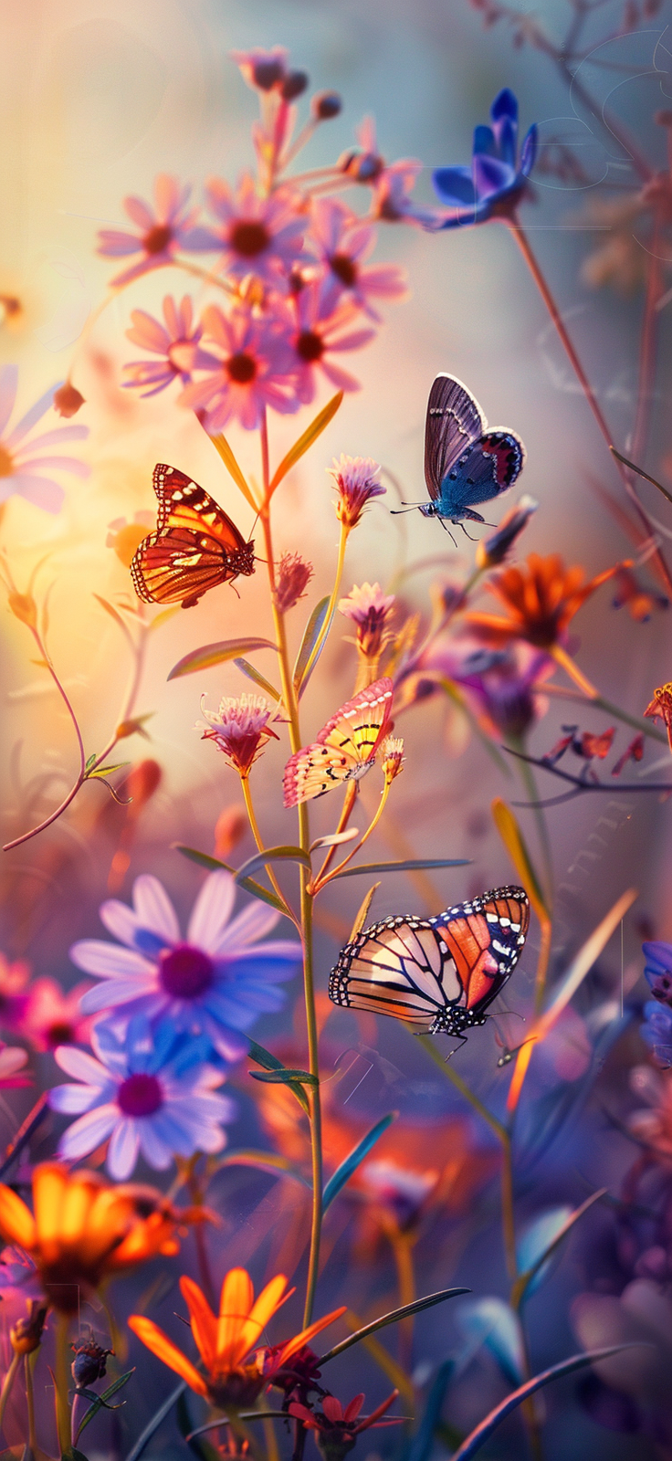 Wildflowers and butterflies in a sunset scene