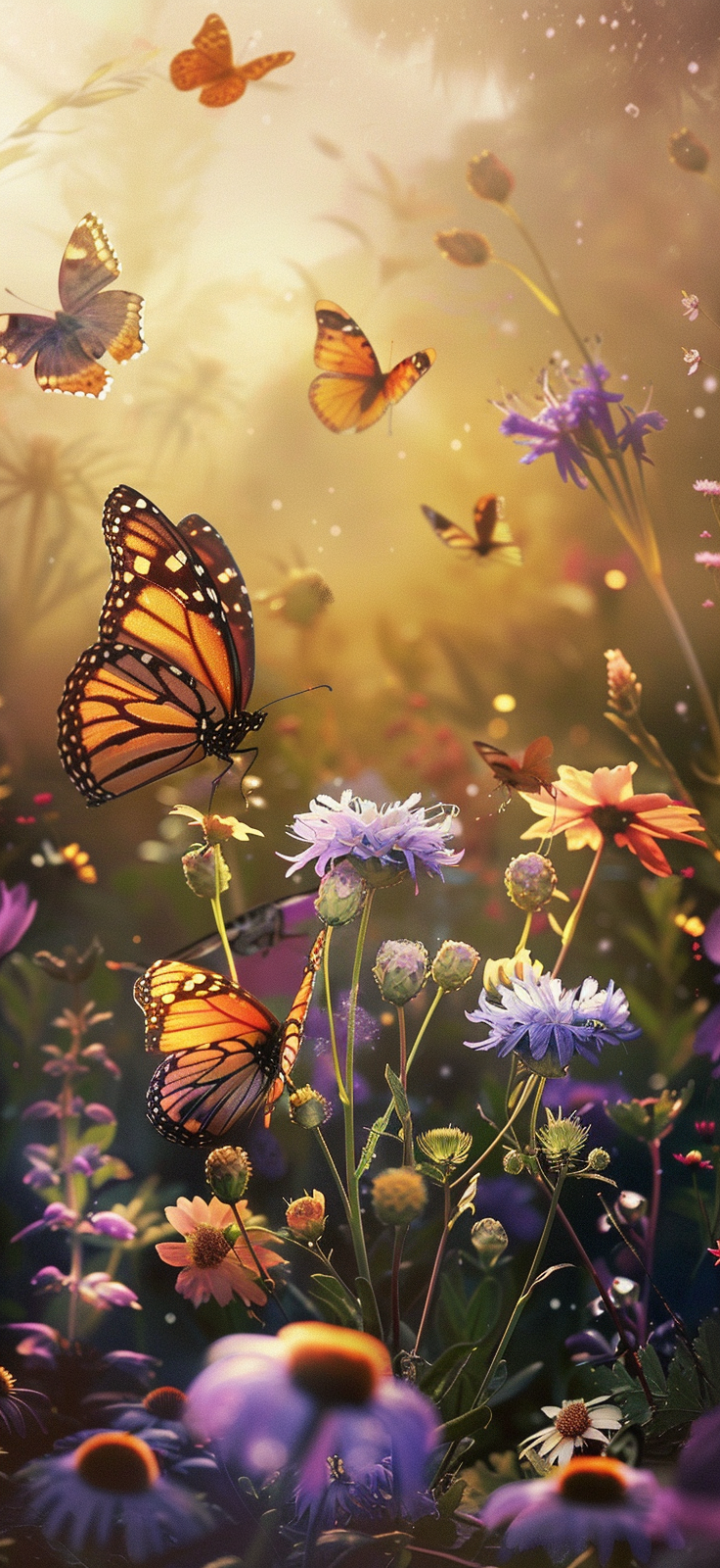 Wildflowers and butterflies in a sunset scene