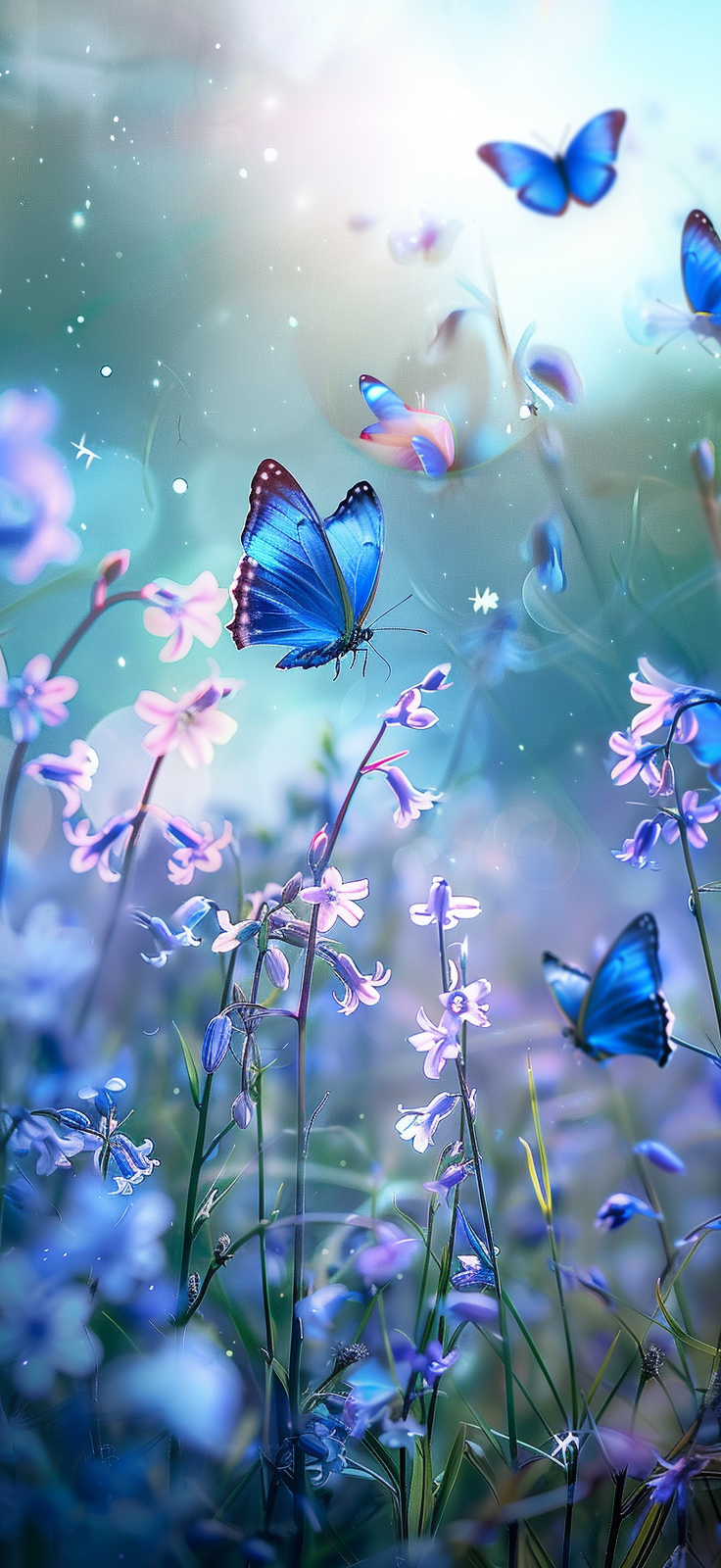 Monarch butterflies among bluebells