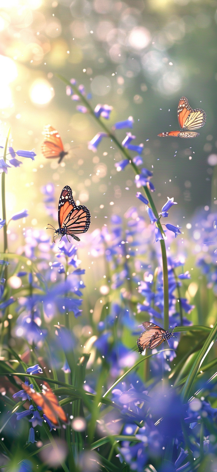 Monarch butterflies among bluebells
