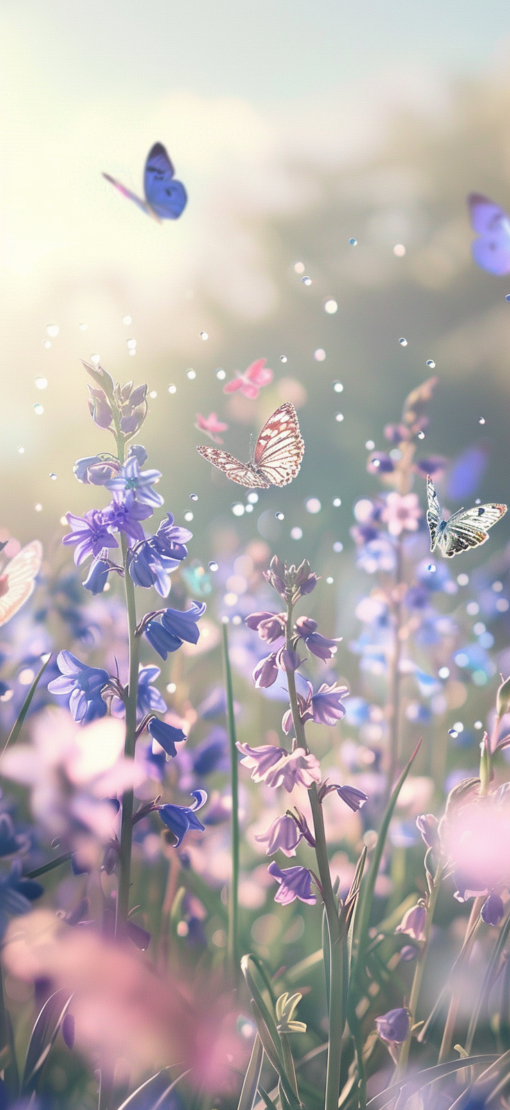 Monarch butterflies among bluebells