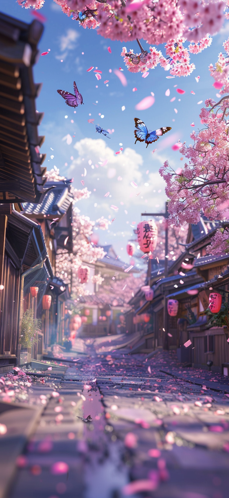 Lanterns and butterflies in a cherry blossom street