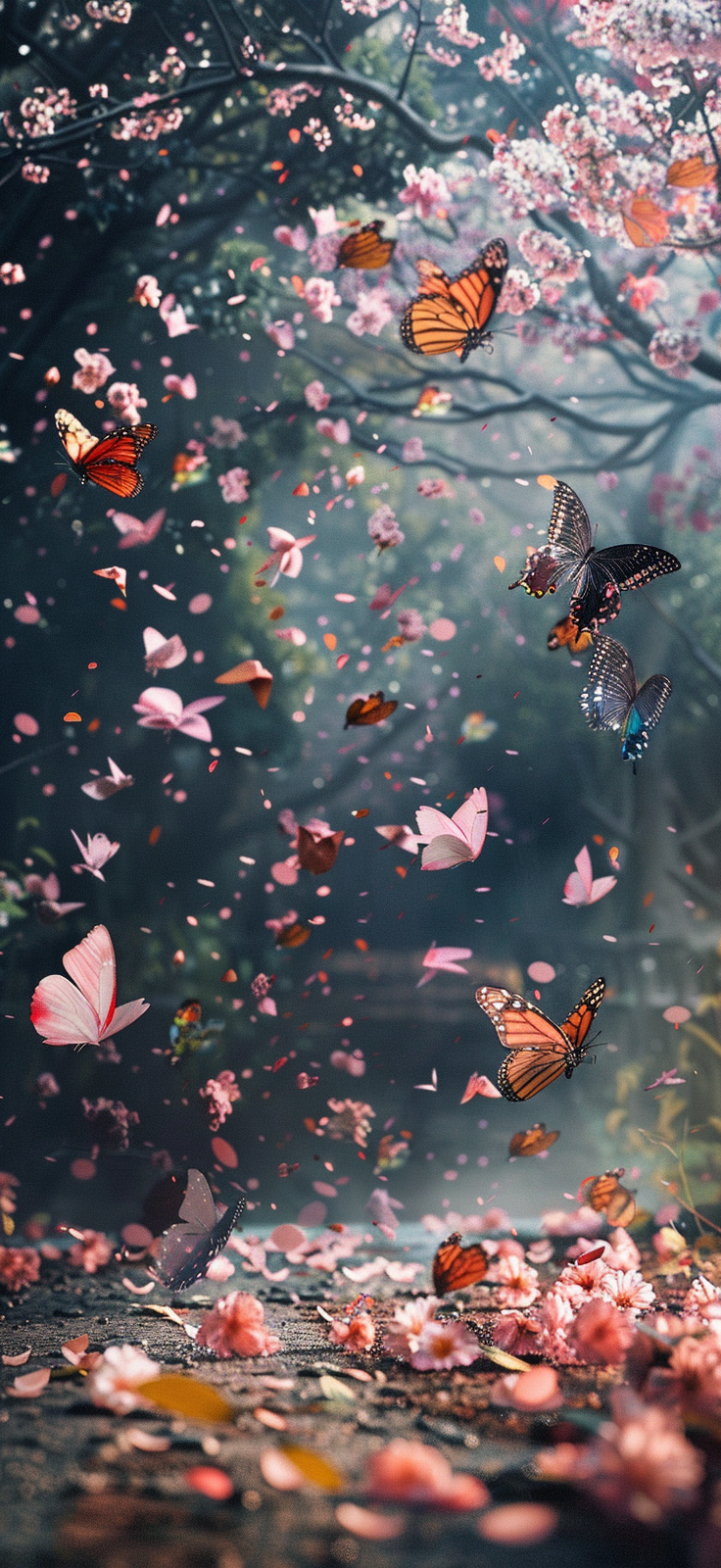 Lanterns and butterflies in a cherry blossom street