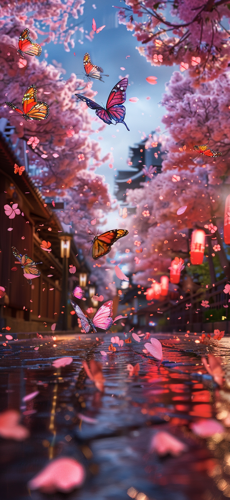 Lanterns and butterflies in a cherry blossom street