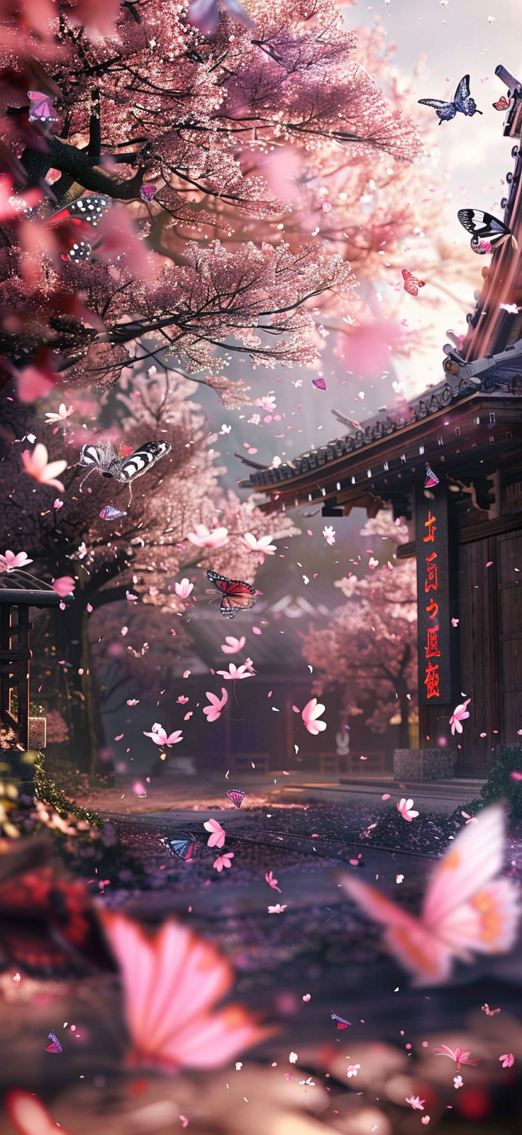 Lanterns and butterflies in a cherry blossom street