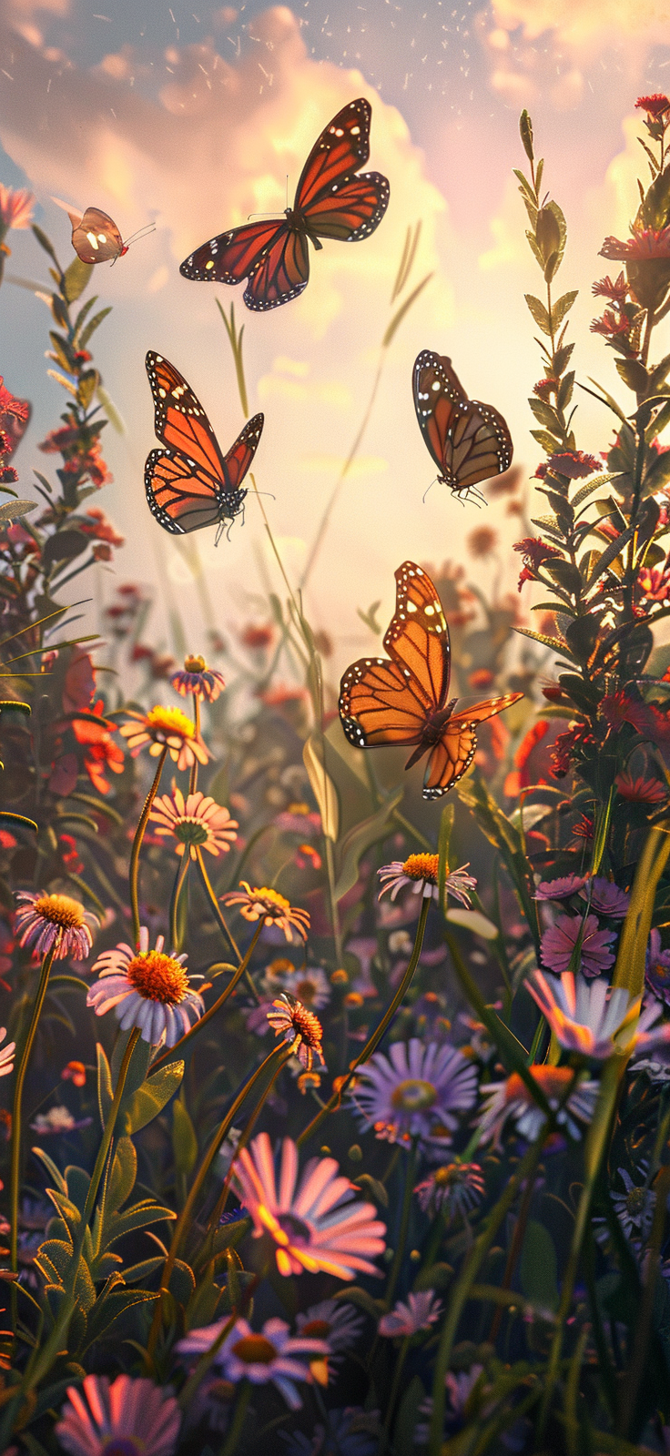 Wildflowers and butterflies in a sunset scene
