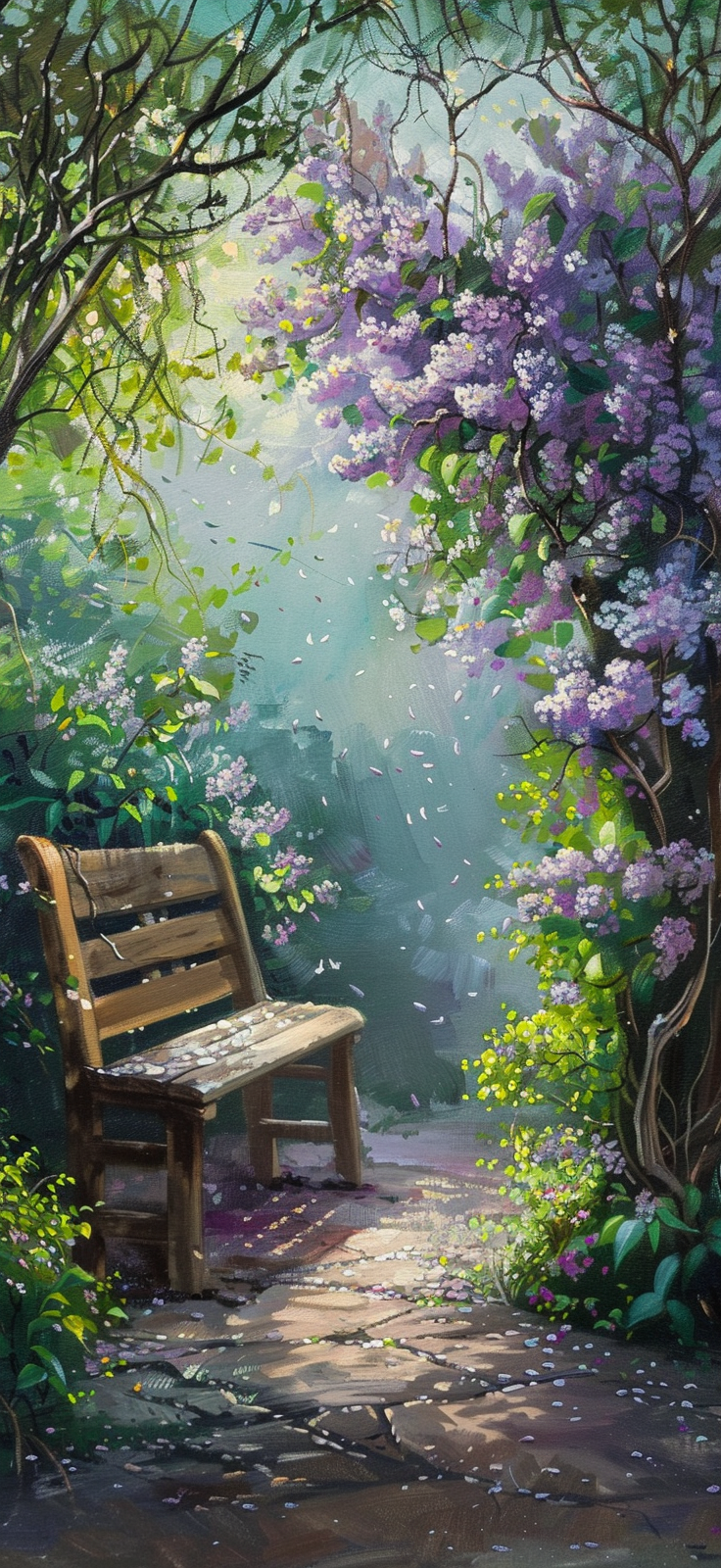 Rustic bench under blooming lilacs