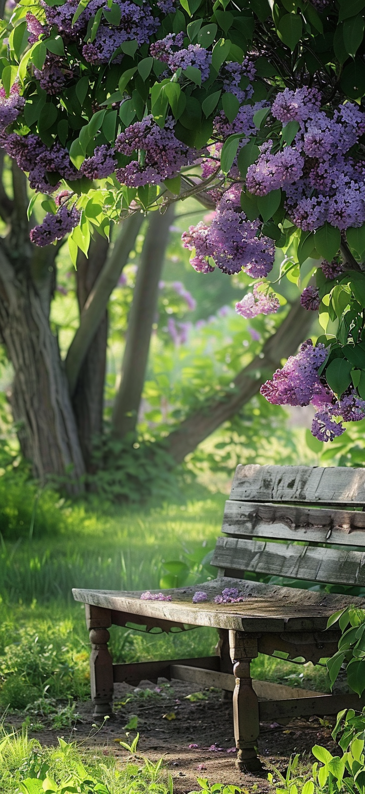 Rustic bench under blooming lilacs