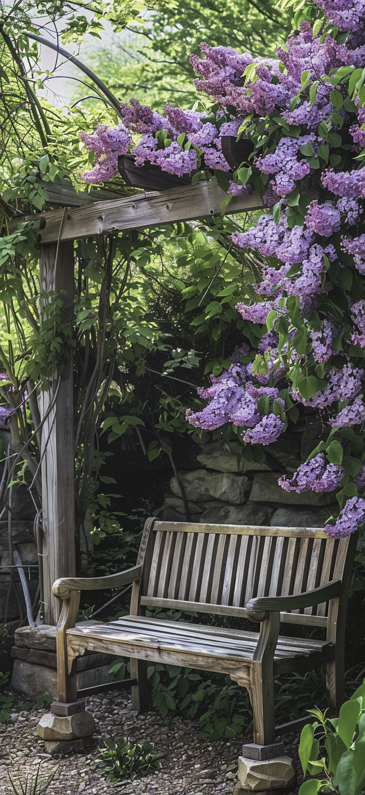 Rustic bench under blooming lilacs