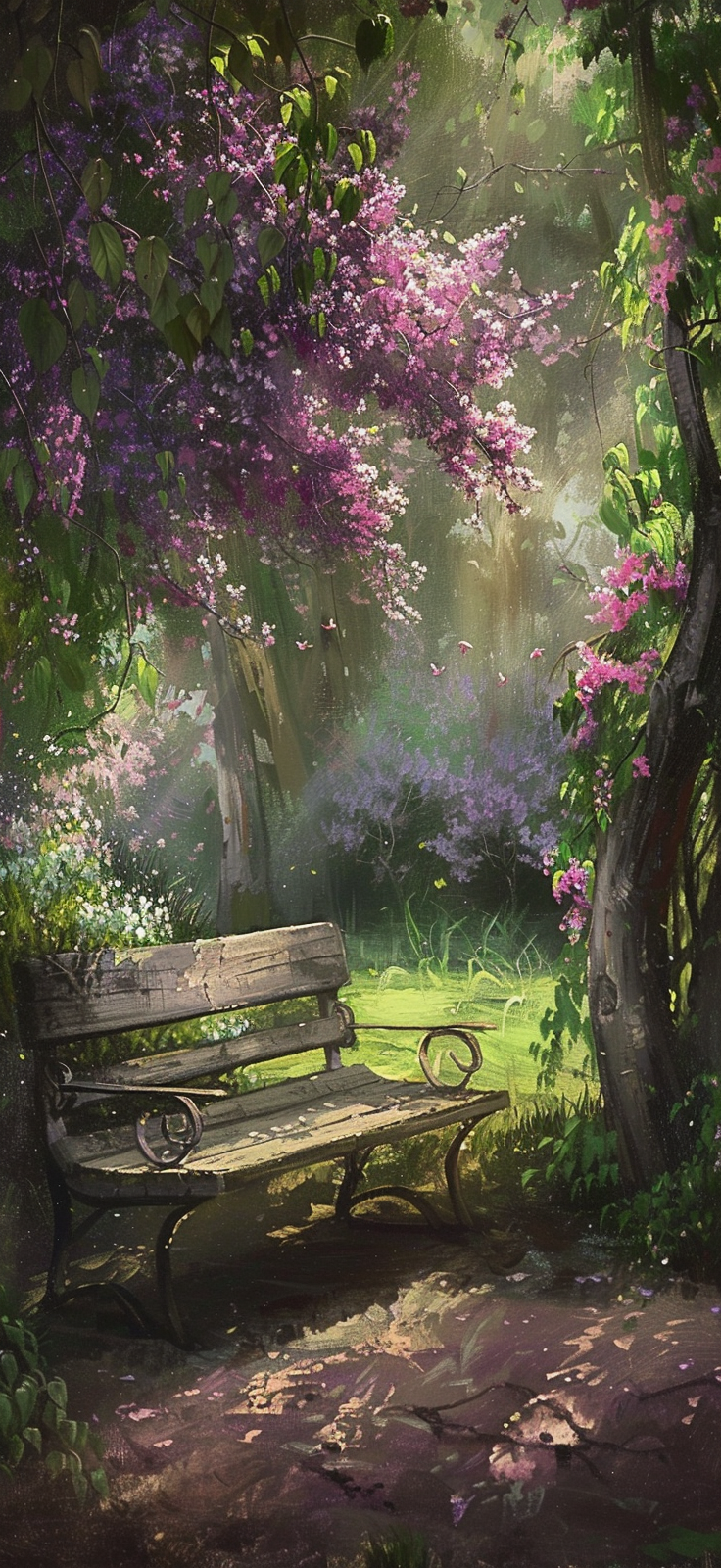Rustic bench under blooming lilacs