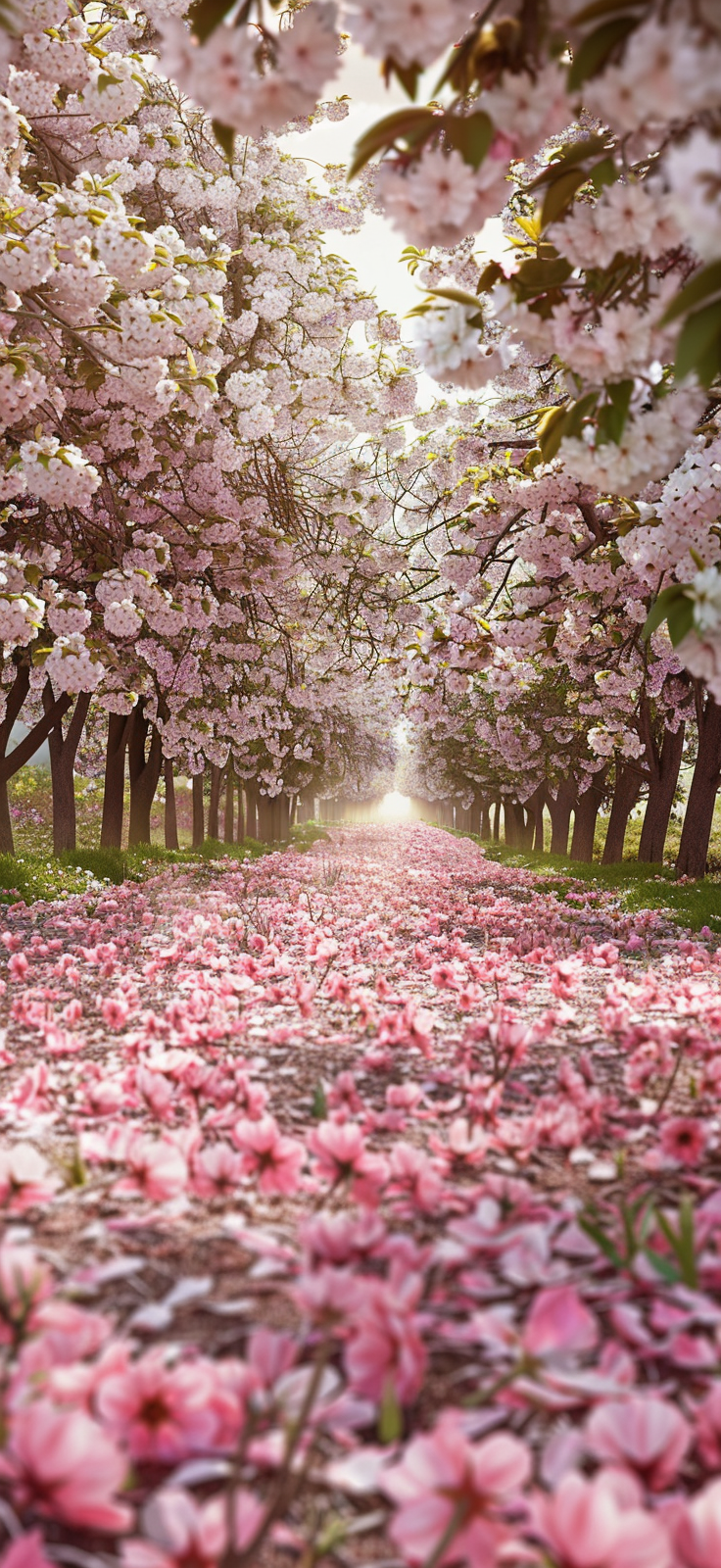 Pathway under blooming cherry trees