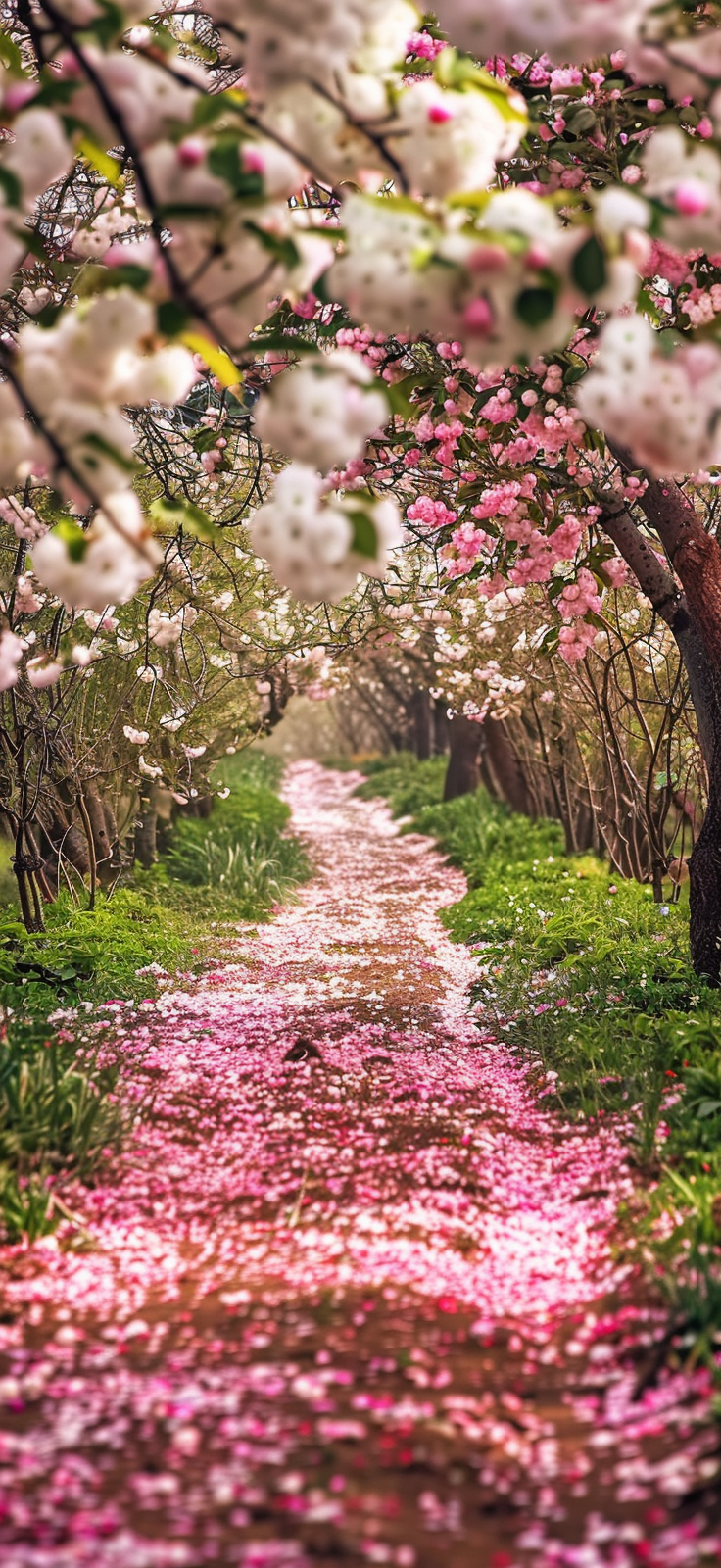 Pathway under blooming cherry trees