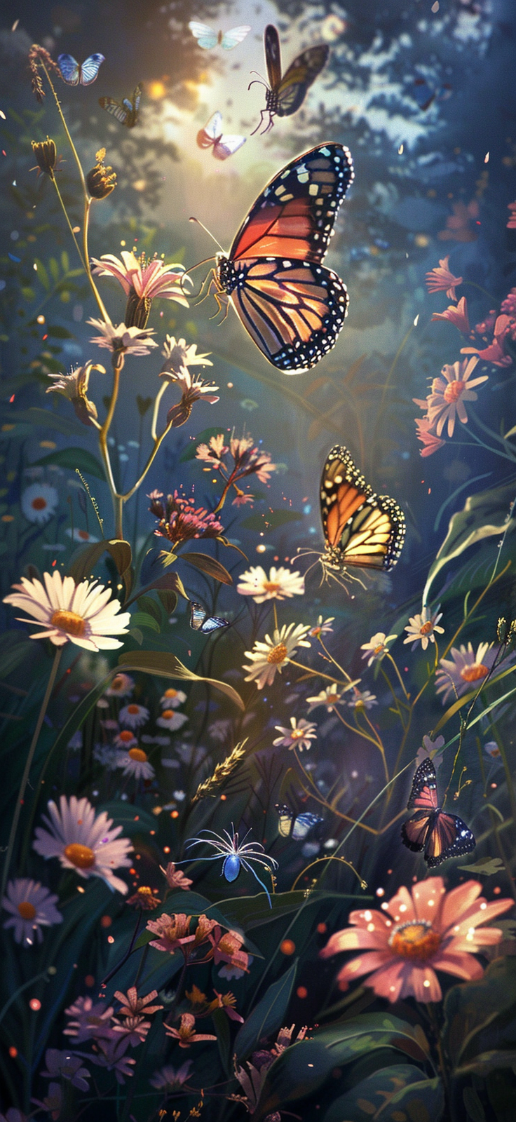 Wildflowers and butterflies in a sunset scene