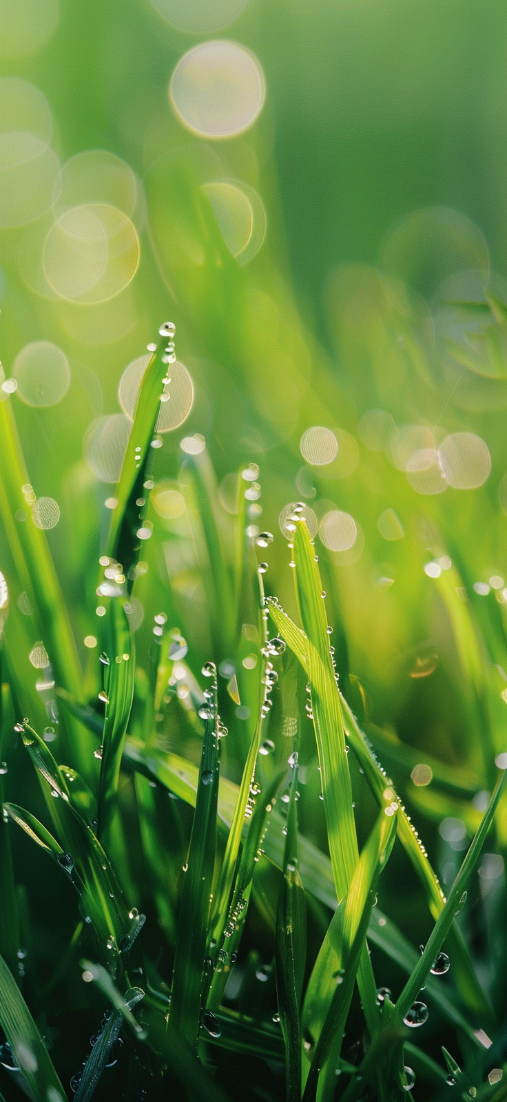 Dew-covered blades of grass in morning light