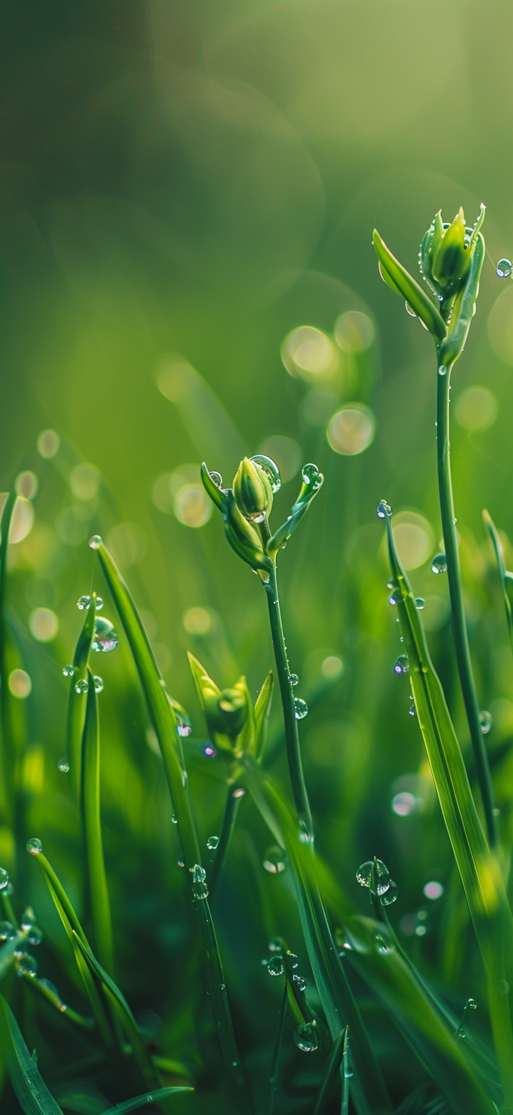 Dew-covered blades of grass in morning light