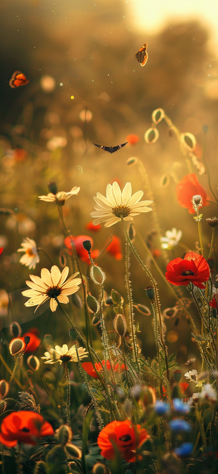 Butterflies and poppies in a sunlit meadow