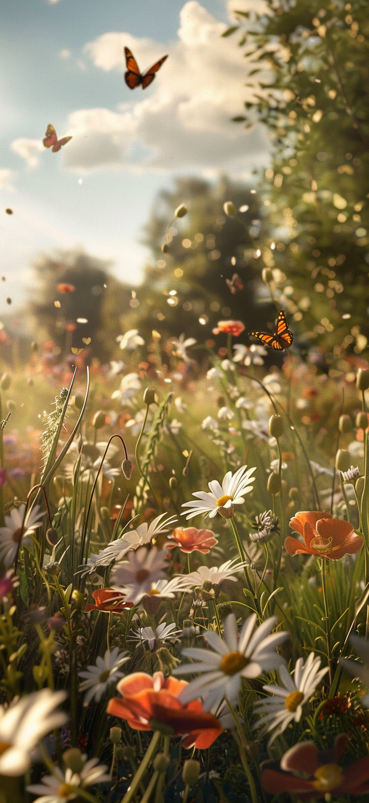 Butterflies and poppies in a sunlit meadow