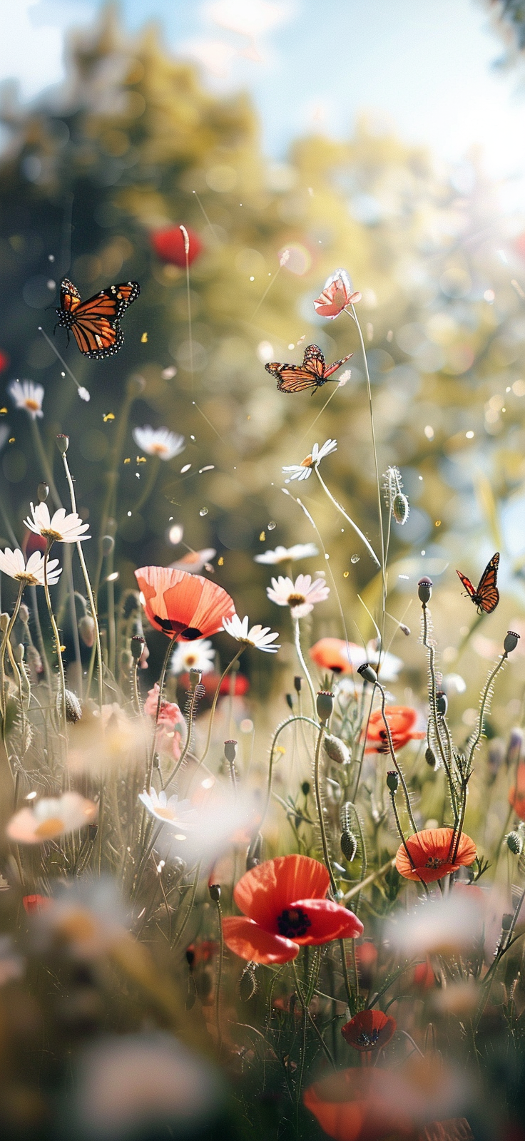 Butterflies and poppies in a sunlit meadow