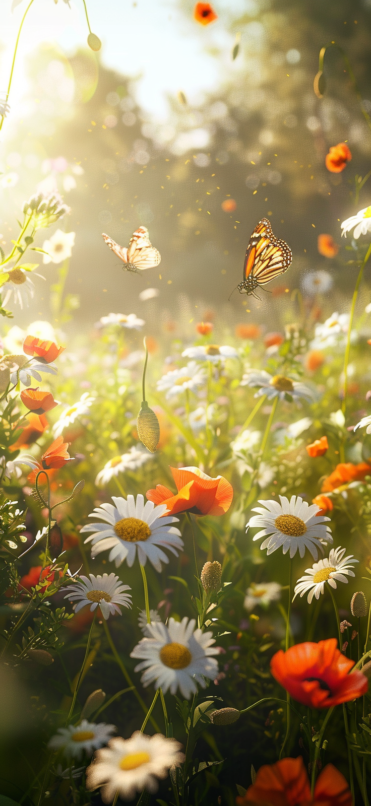 Butterflies and poppies in a sunlit meadow