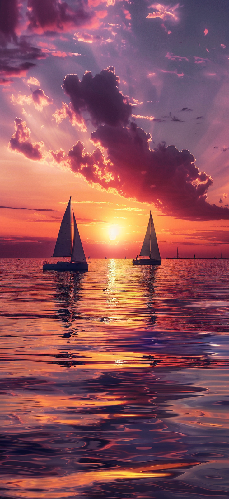 sailboats at sunset
