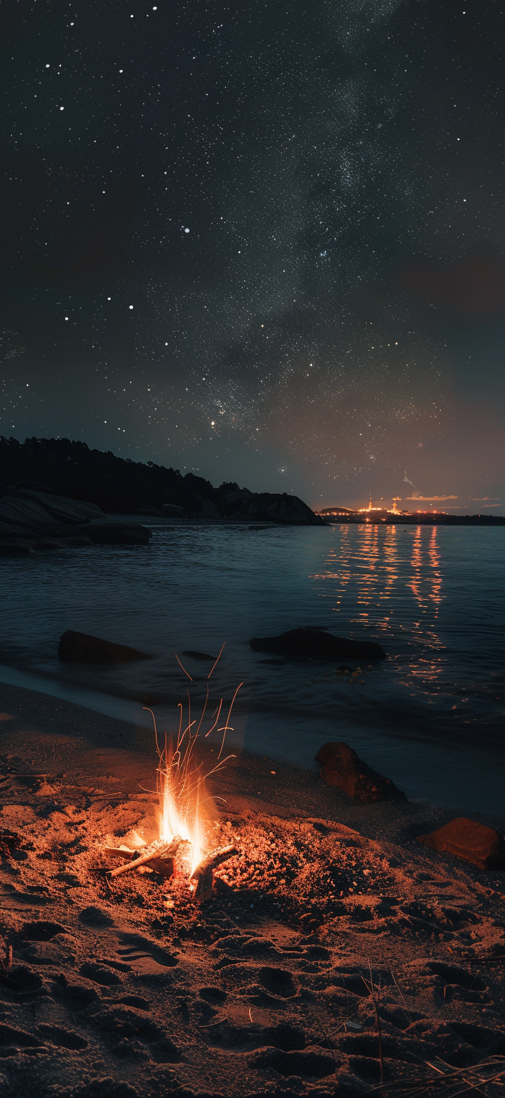 starlit beach campfire