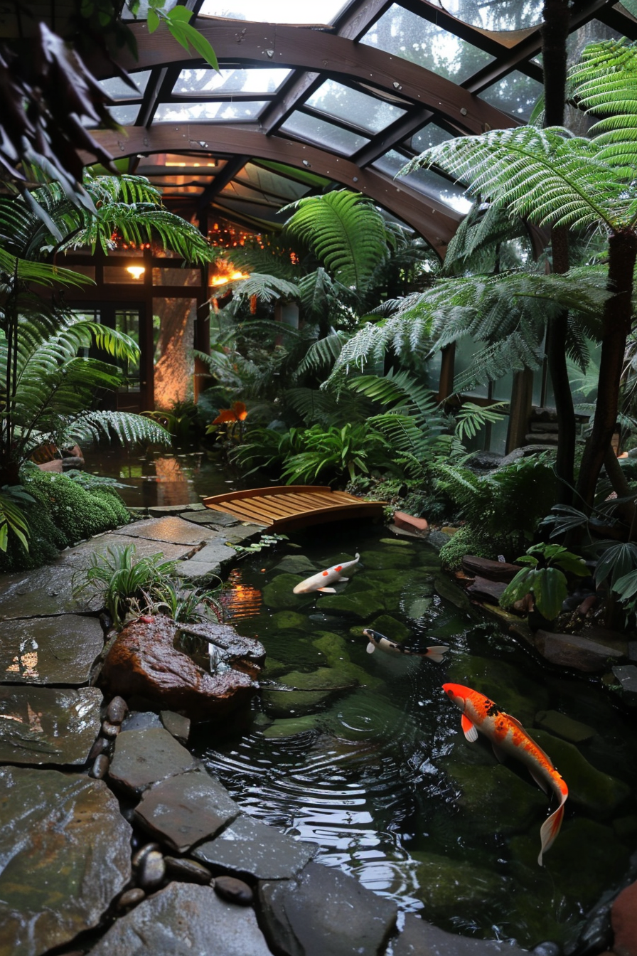 Indoor jungle with ferns and koi pond
