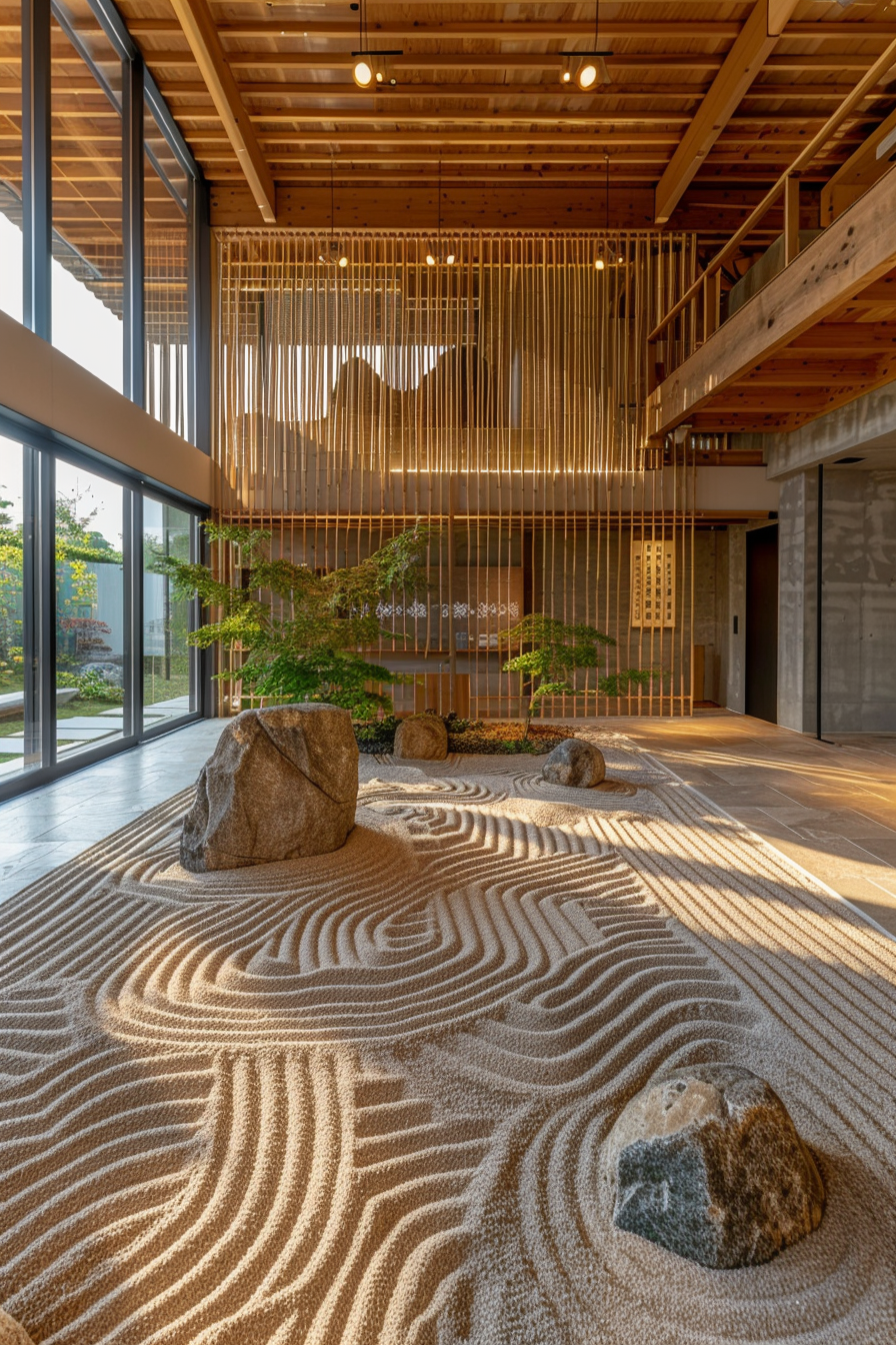 Modern indoor zen garden with raked sand