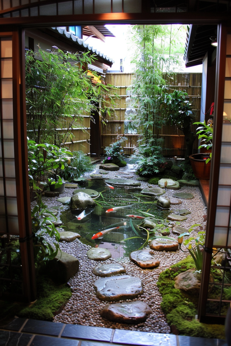 Koi pond sanctuary with bamboo