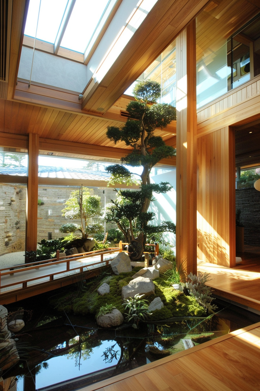 Sunlit indoor garden with bonsai and pond