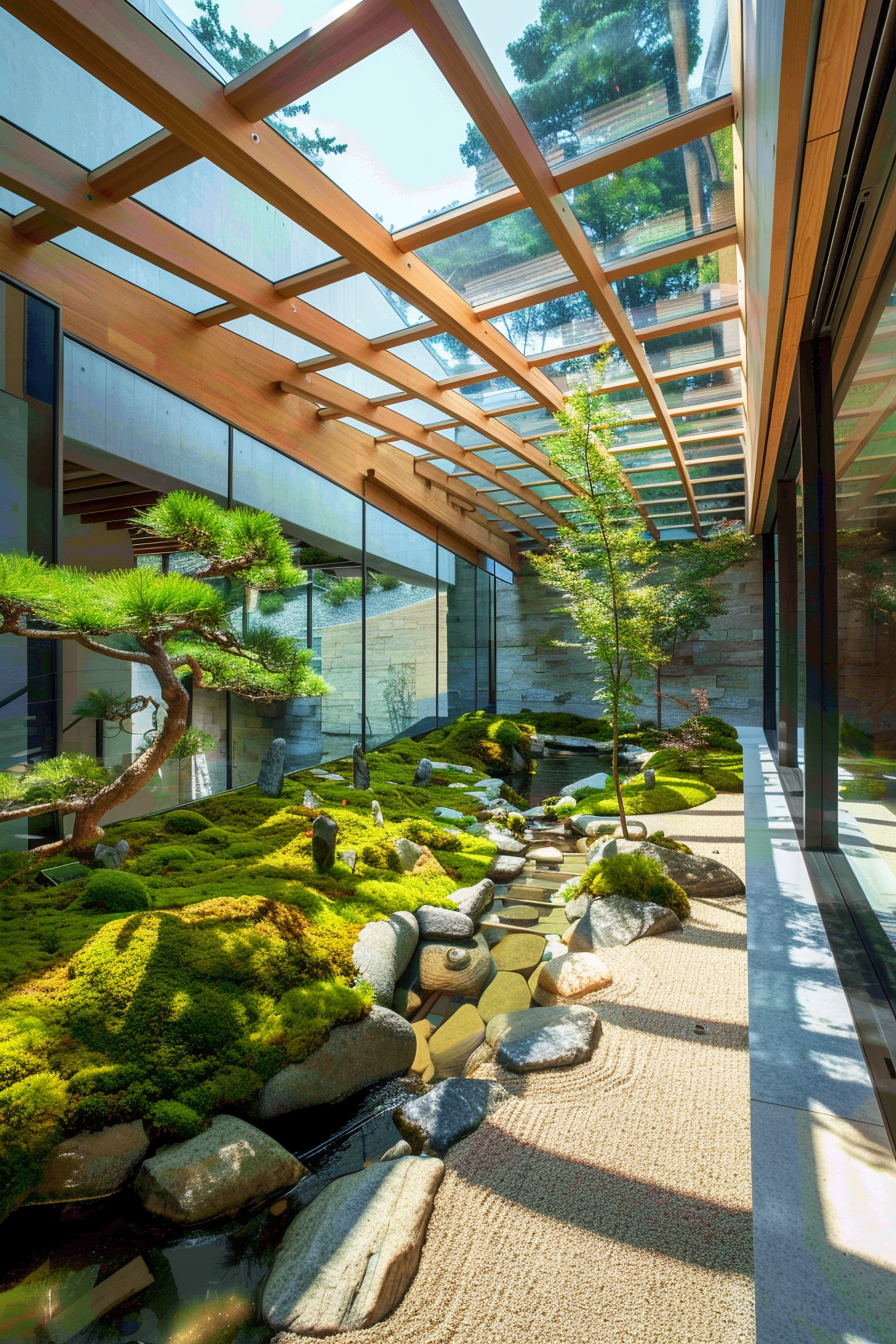 Modern zen courtyard with glass ceiling
