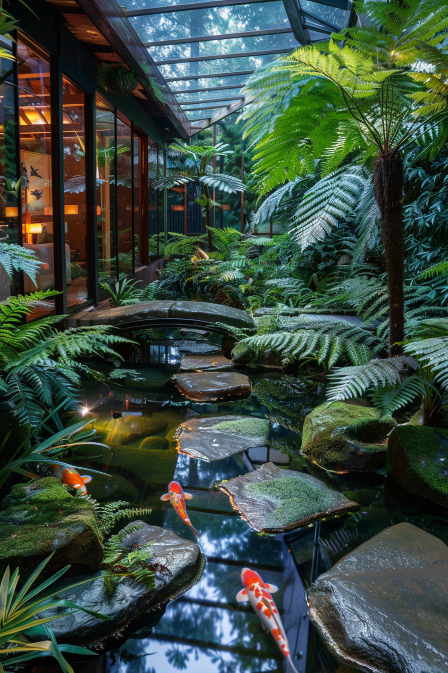 Indoor jungle with glass roof and koi pond