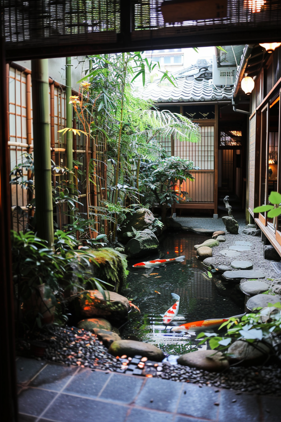 Intimate koi pond hideaway