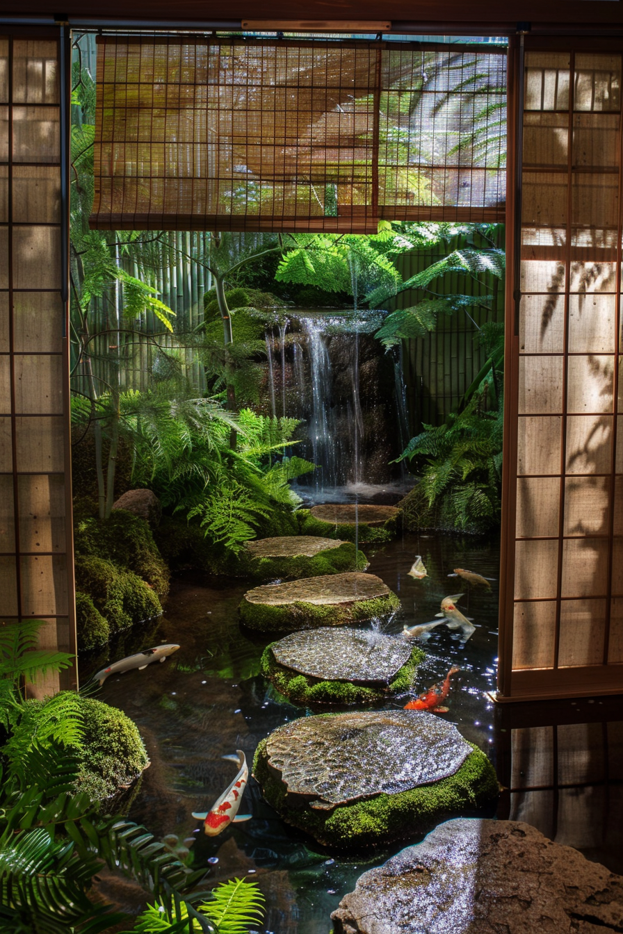 Indoor garden with cascading waterfall