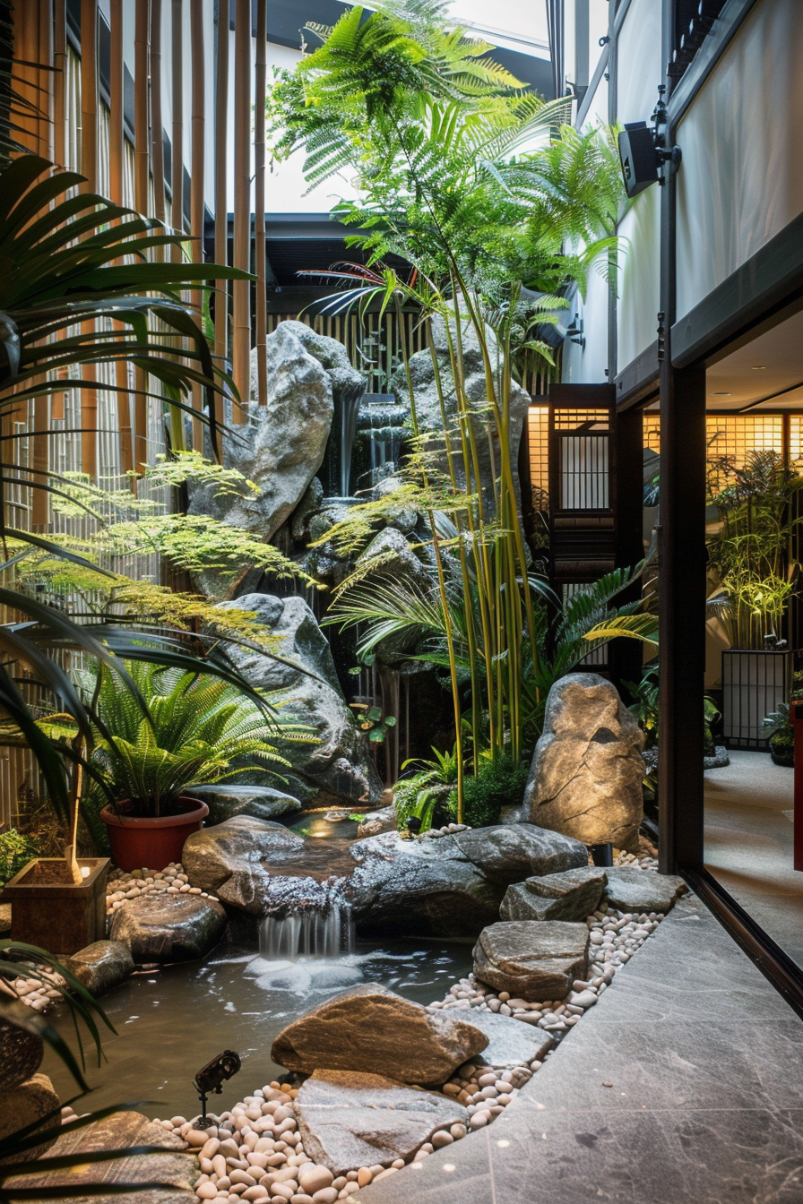 Indoor garden with cascading waterfall