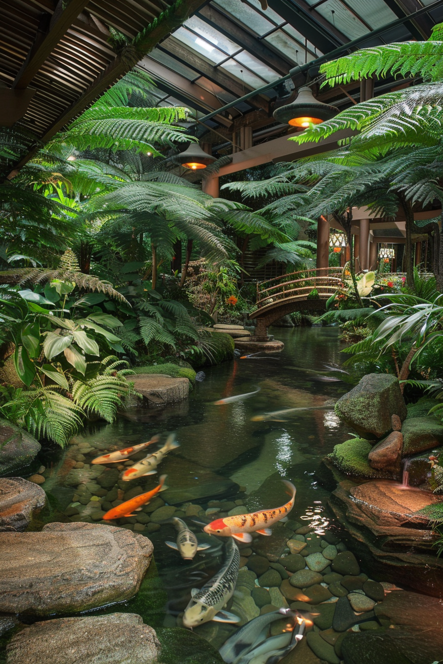 Tropical garden with koi pond and stepping stones