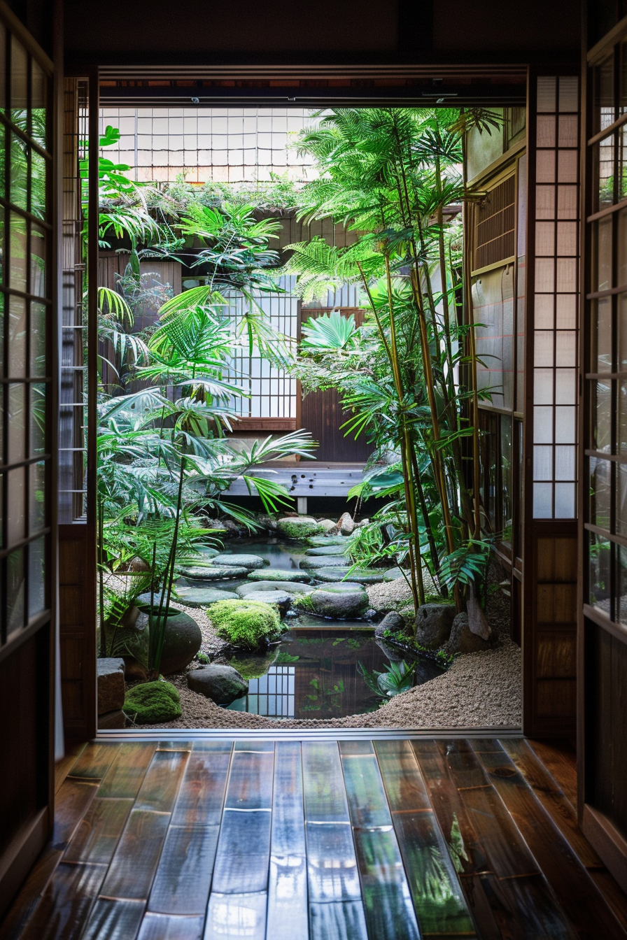 Indoor bamboo garden with moss-covered stones