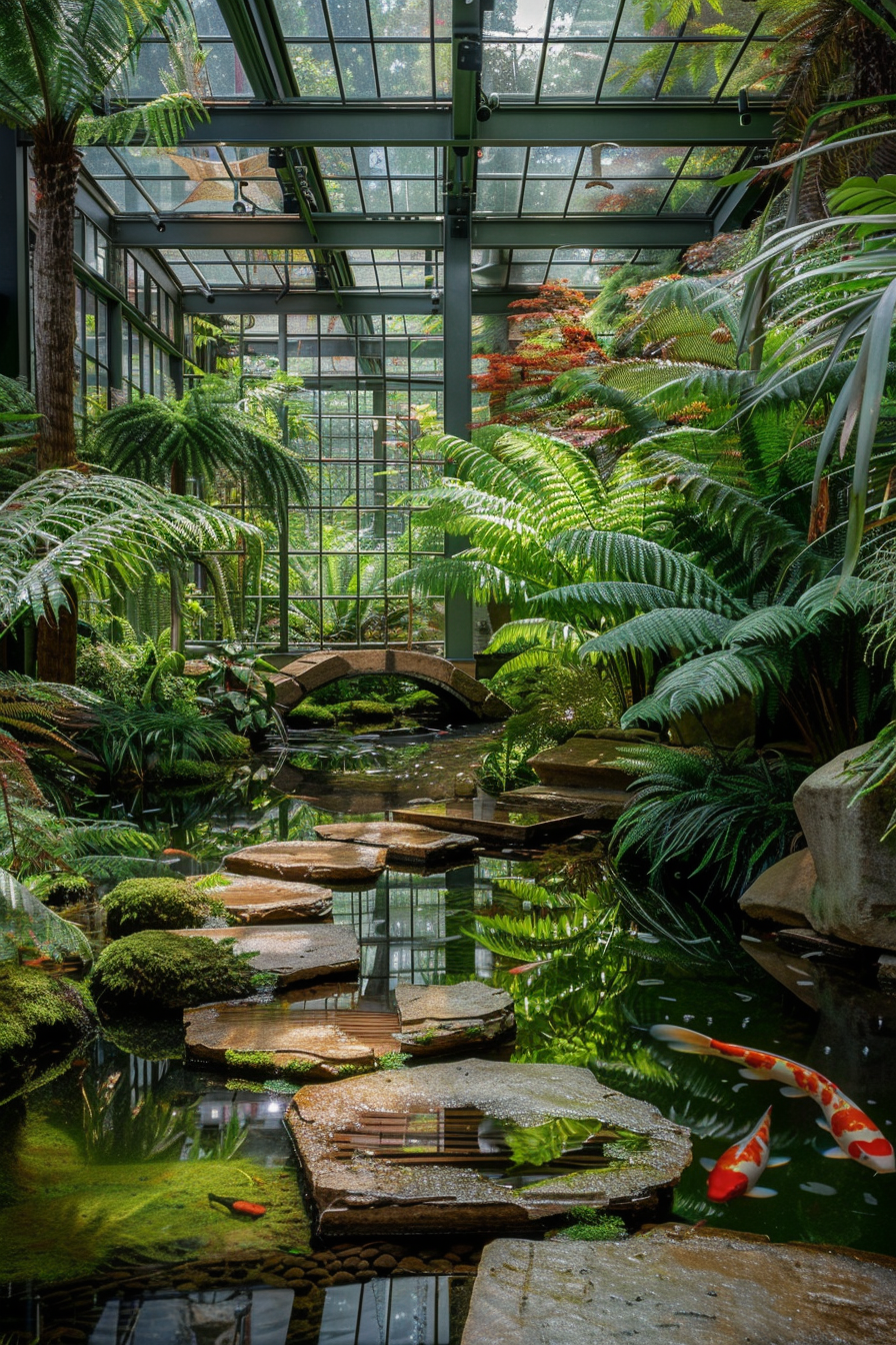 Enchanting conservatory with lush greenery and koi pond