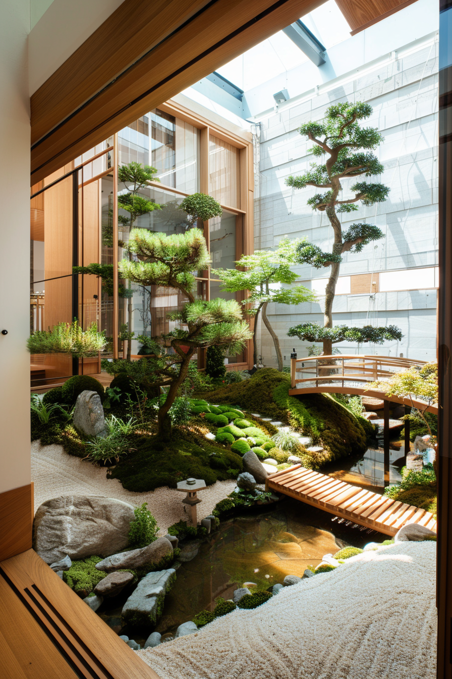 Modern zen courtyard with bonsai trees