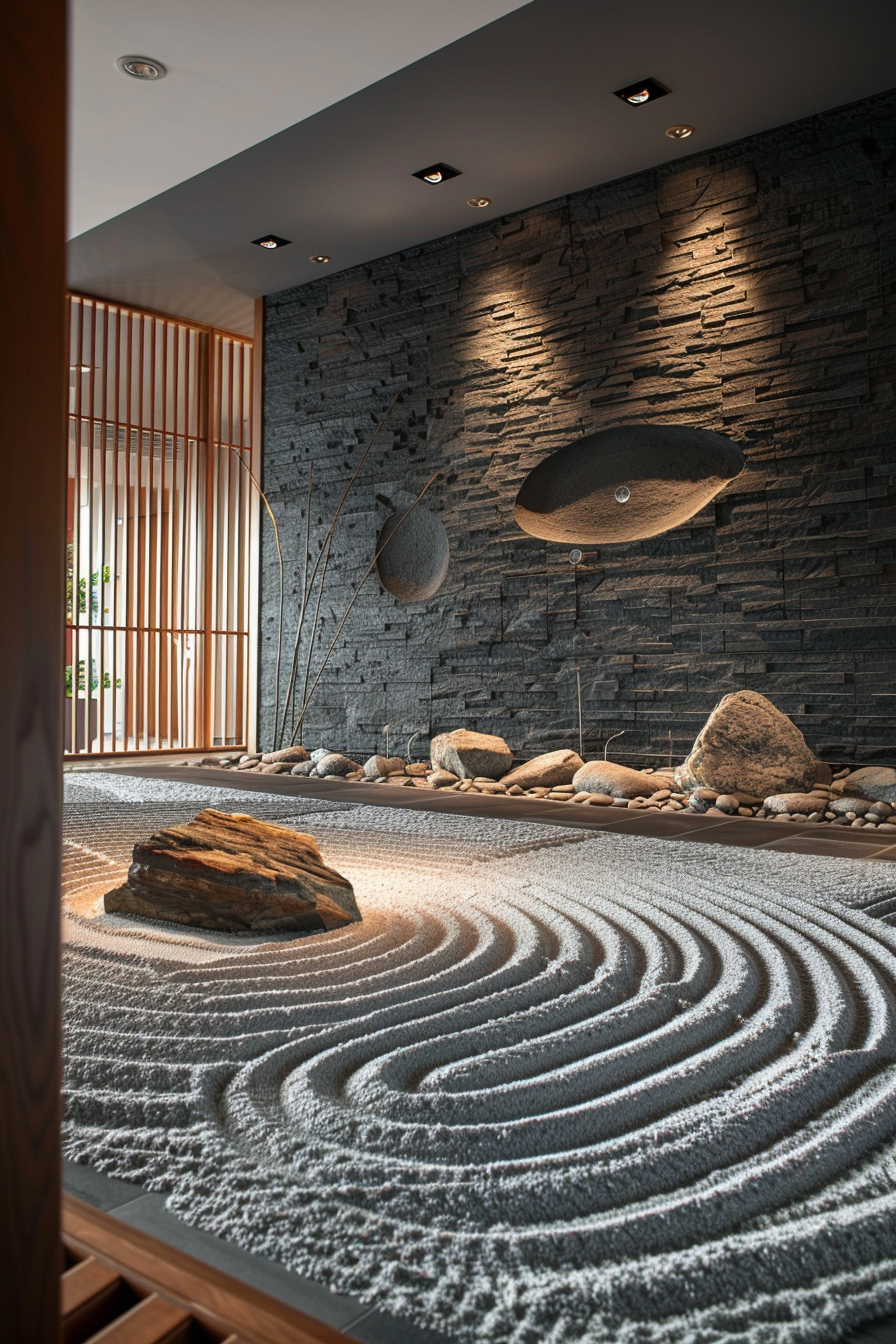 Minimalist zen garden with raked gravel