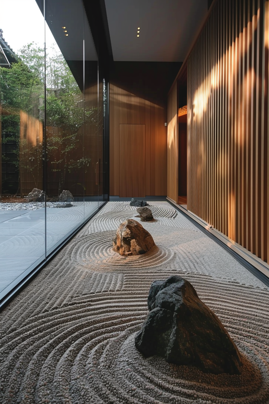 Contemporary rock garden with glass walls