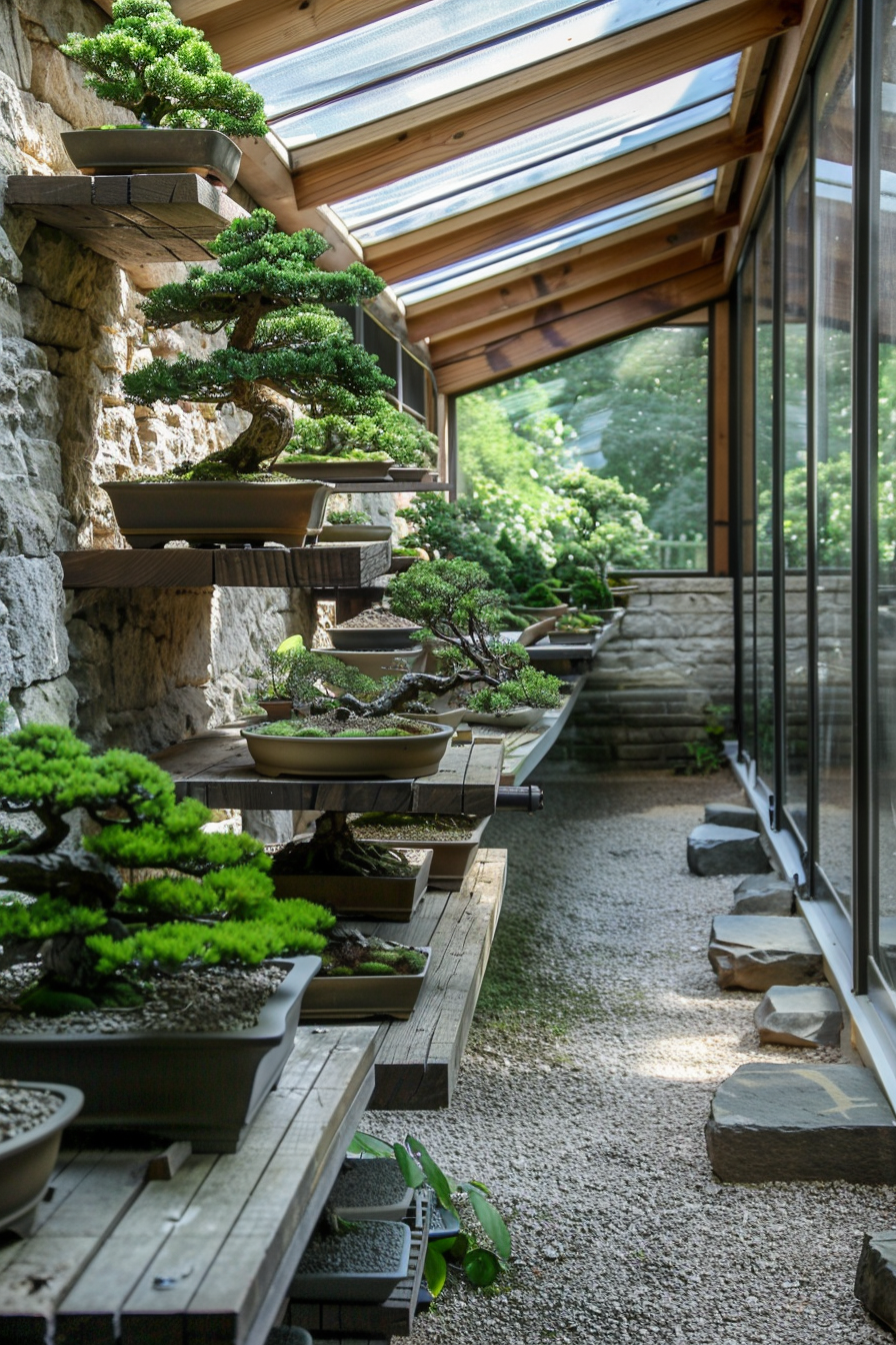 Sunlit corridor with bonsai trees