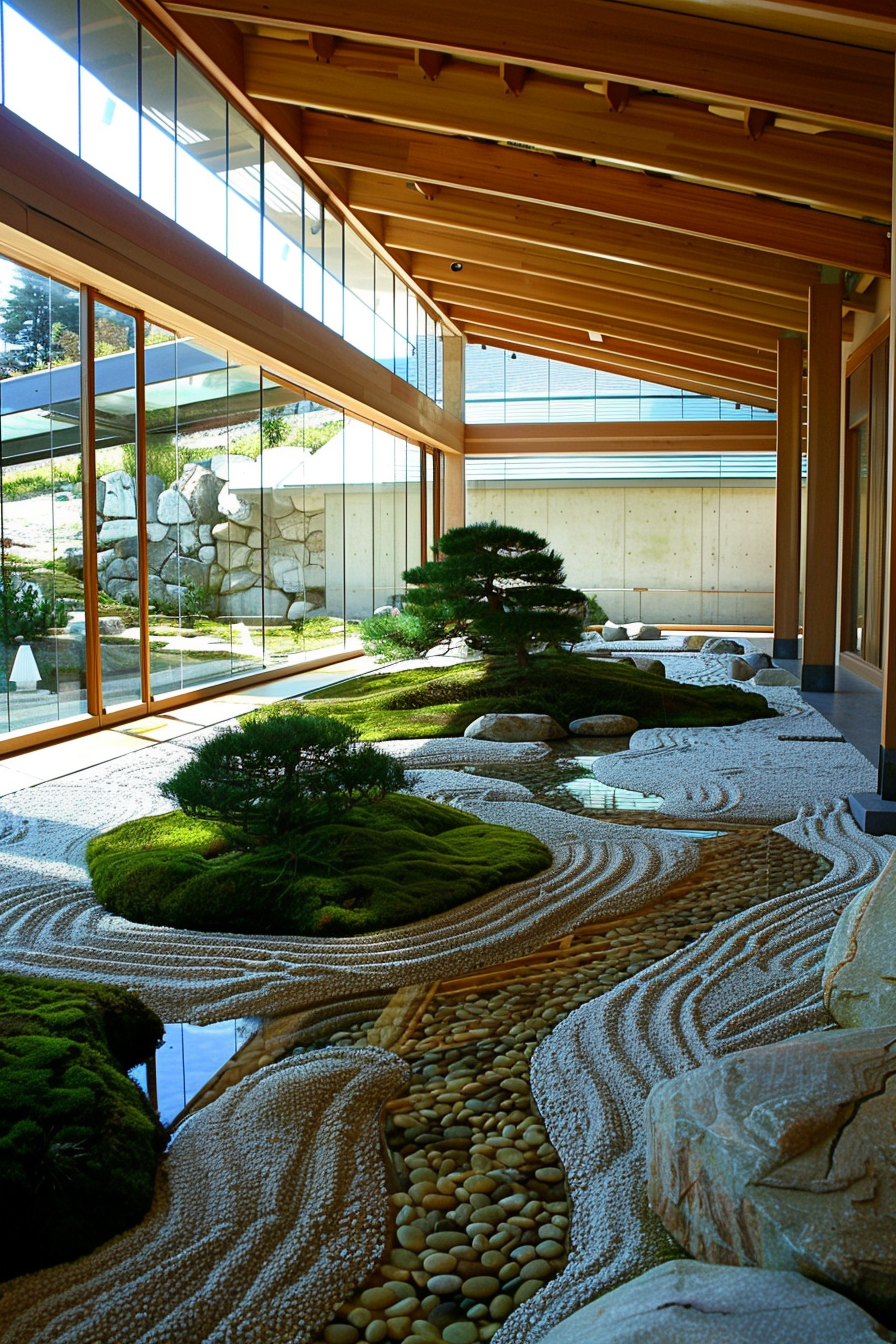 Contemporary zen garden with raked gravel and moss